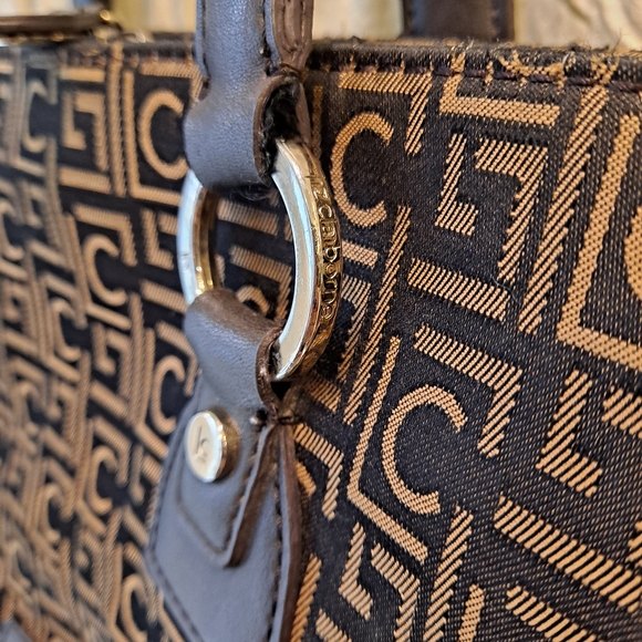 Liz Claiborne Vintage Cotton Canvas Fabric Tan Brown Monogram Shoulder Satchel - Picture 3 of 15